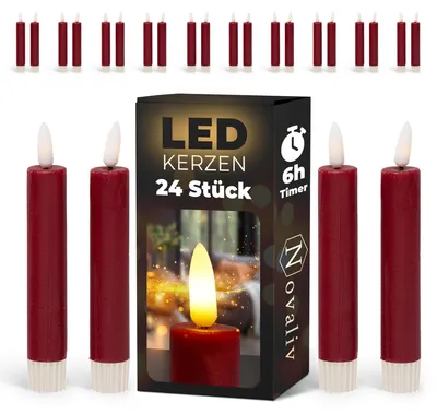 Produktbild von LED Stabkerzen 24 Stück ECHTWACHS ROT mit Timer Funktion 6 Stunden 15cm Höhe für Kerzen 2,2cm Durchmesser 2 AAA Batterien notwendig LED Stabkerzen 4er Set 6x bewegliche Flamme
