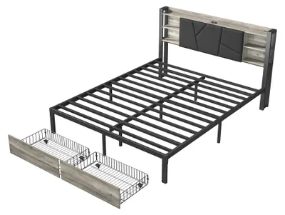 Immagine prodotto di Letto matrimoniale - Struttura in metallo e legno - 160 x 200 cm - 2 cassetti - Illuminazione a LED - Testiera con spazio contenitivo - Colore nero