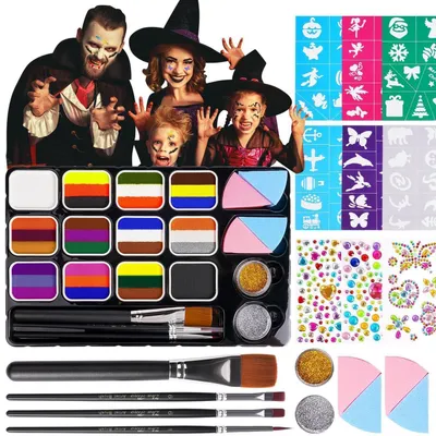 Produktbild von Kinderschminke Set 12 Farben Gesichtsfarbe Waschbar Face Paint Bodypaint Theaterschminke für Halloween Fasching Karneval mit Zubehör