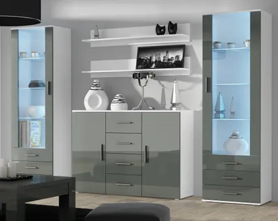 Produktbild von Furniture24 Wohnwand SOHO 3 mit Blauer LED Beleuchtung, Anbauwand, Wohnzimmerschrank, Schrankwand, Vitrine, Sideboard, Hängeregal Weiß/Grau Hochglanz