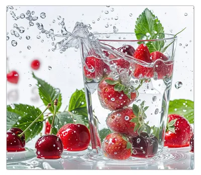Produktbild von Spritzschutz Herdabdeckplatte Schneidebrett aus Glas Erdbeeren und Kirschen 1-Teilig (60x52cm)
