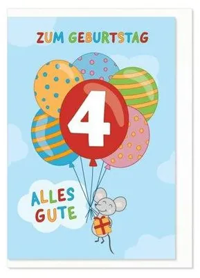 Produktbild von Geburtstagskarte für Kinder, 4. Geburtstag, Ballon- und Mausmotiv