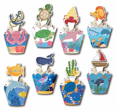 Cupcake-Deko-Set Ozean, 48-teilig, Unterwasser-Motiv, Partybedarf