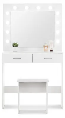 Produktbild von Aga Schminktisch mit Spiegel 12 LED Glühbirnen und gepolsterter Hocker Weiß matt