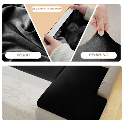 Produktbild von Sofa Überzug Samt für L-förmig Sofa mit 2 Einzelsitz und 1 Chaiselongue, Sofa Bezug mit Gummiband, Sitzkissen Bezug Elastisch Universal Schwarz