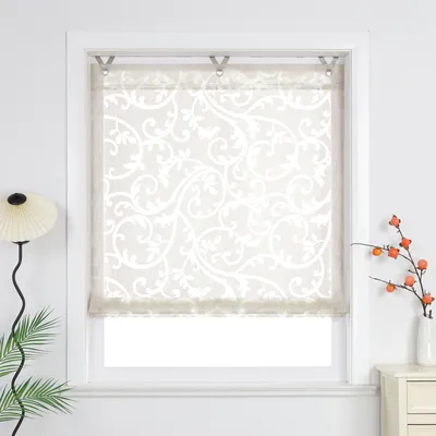 A window with a decorative sheer roller blind.