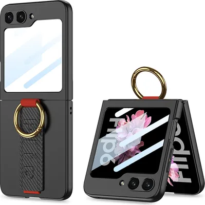 Produktbild von Hülle für Samsung Galaxy Z Flip 6 / Z Flip 7 FE Hart PC Schutzhülle Integrierte Displayschutz mit Armband Ringhalter Kohlefaser Schwarz