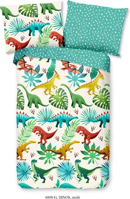 A folded duvet cover and pillowcase set with a dinosaur and tropical leaf pattern, laid out on a white background.