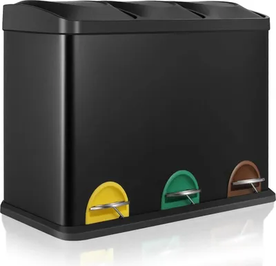 Produktbild von Küchen Abfalleimer - Pedaleimer 3 Fächer - 6 L Volumen - Edelstahl - Rechteckig - Mülltrennung - Schwarz