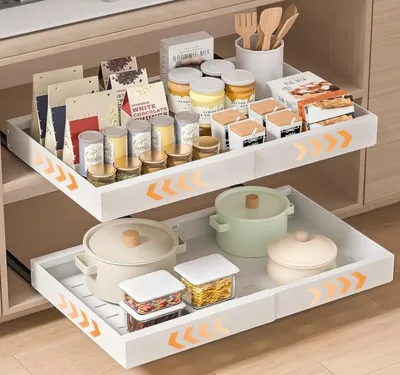 Image de 2 tiroirs télescopiques, panier coulissant, rangement pour armoire de cuisine, extensibles, largeur réglable de 32 à 52 cm, blanc