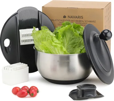 Produktbild von Navaris Salatschleuder mit Deckel - Salatschleuder Edelstahl - Salat Trockner - Einfaches Waschen, Trocknen und Schleudern - Inklusive Reibe- und