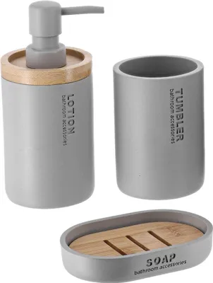 Produktbild von Becherset seifenspender und seifenschale aus polyresin - hellgrau bambus - Tendance