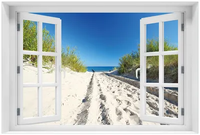Produktbild von Wallario Premium Glasbild mit Fensterrahmen, freischwebende Optik, kräftige Farben, Größe 60 x 90 cm Motiv Auf dem Sandweg zum Strand - Blauer Himmel über dem Meer