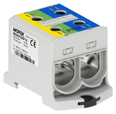 Imagen del producto de Bornier de conexión para carril DIN, 2X, aluminio/cobre, sección de 25.0-150.0 mm², 1000 V CA / 1500 V CC, color amarillo/verde/azul