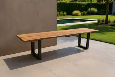 Produktbild von Gartenbank Quito | 220 x 42 cm | Teakholz massiv | echte Baumkante | U-Gestell Metall Schwarz | Outdoor-Sitzbank/Baumkantenbank für Garten & Terrasse