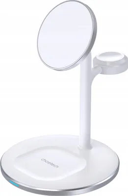 A white 3-in-1 wireless charging stand for iPhones, AirPods, and Apple Watches.