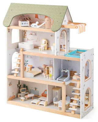 Obrázek produktu pro Dřevěný domeček pro panenky s 33 kusy nábytku, balkonem a bazénem