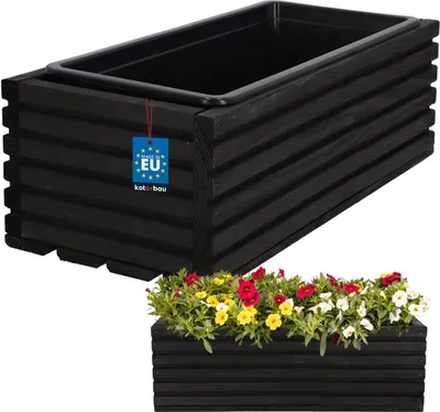 Zdjęcie produktu dla KOTARBAU® Drewniana skrzynka na kwiaty 44x20cm z wewnętrzną doniczką Skrzynka balkonowa Czarna Doniczka balkonowa Doniczka na kwiaty Doniczka drewniana Skrzynka na kwiaty Zewnętrzna skrzynka balkonowa Ogrodowa skrzynka tarasowa z wkładką