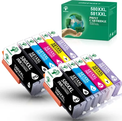 A set of colorful ink cartridges arranged in a row, with a box of ink cartridges in the background.