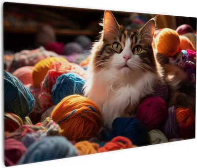 Produktbild von Wallario Premium Leinwandbild Katze in einem Berg von Wollknäuel in Größe 60 x 90 cm