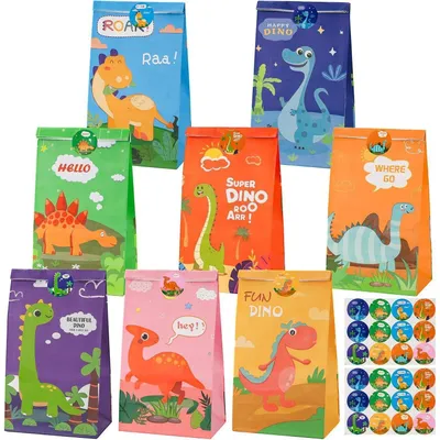 Produktbild von Dinosaurier Party Taschen 16 Stück Papier mit 24 Aufklebern für Kindergeburtstage