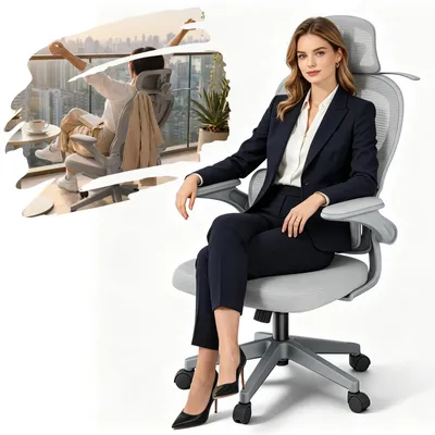 Produktbild von YARDIN Ergonomischer Schreibtischstuhl Grau, Atmungsaktiver Netzstuhl mit Kopfstütze, Klapparmlehnen, 125° Wippfunktion, Bürostuhl bis 150kg