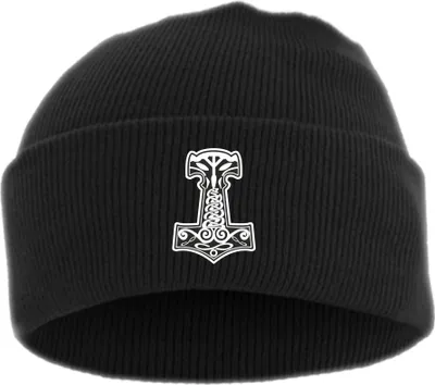 Image de Bonnet à revers Thorshammer Mjolnir – Brodé - Bonnet à large revers Taille unique Noir