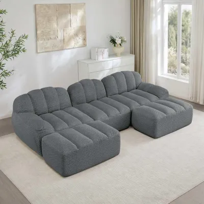 Produktbild von AIORBER U-förmiges modulares 3-Sitzer Sofa mit 2 Ottomans, Boneless Design, 32D Hochdichtschaum, tiefe Sitzfläche, Grau