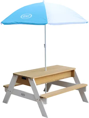 Immagine prodotto di AXI Nick Tavolo da picnic / Tavolo da sabbia / Tavolo da acqua per bambini in marrone/bianco con ombrellone in blu/bianco | Tavolo da picnic multiuso in legno