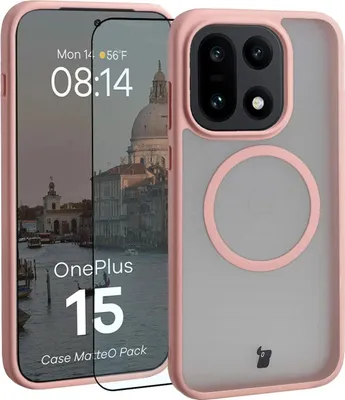 Produktbild von Schutzhülle mit Magnetring + gehärtetem Glas Bizon MatteO Pack für OnePlus 15, Getönt-Hellrosa