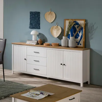 Immagine prodotto di Credenza Miranda in legno massiccio colore bianco e pino 191x40x80H - 3 Ante e 3 cassetti