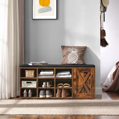 Produktbild von Skriňa na topánky VASAGLE, lavica na topánky, botník, úložná skriňa, s 9 otvorenými priehradkami a skrinkou, s čalúnením, 110 x 30 x 48 cm, rustikálne dvierka, vintage hnedá LHS058X01