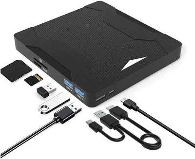 Obrázok produktu pre Multifunkčná externá jednotka, prenosný prehrávač/vypaľovačka CD/DVD 5 v 1 s USB pripojením a rozhraním USB-C, určená pre notebooky, PC, Mac a systémy Windows.