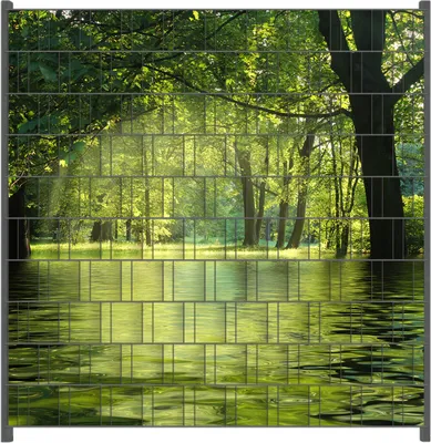 Produktbild von Wallario Zaunsichtschutz mit Motiv Idyllischer See im Wald bei Sonnenschein für Ein- und Doppelstabmatten Zäune in der Größe 200 x 200 cm