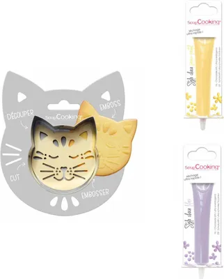 Produktbild von Relief-Katzen-Keks-Set + 2 pastellgelbe und fliederfarbene Schokoladenstifte