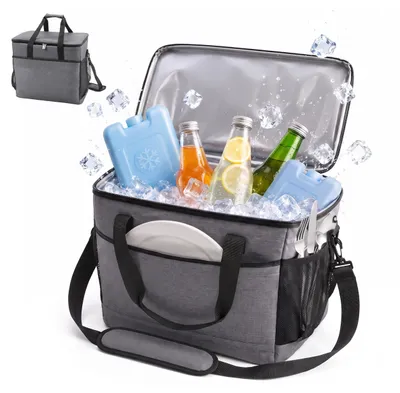 Productafbeelding van Relaxdays Koeltas, 40 liter, waterdicht, met 2 handgrepen en een band, geschikt voor strand, camping en picknick, grijze picknicktas