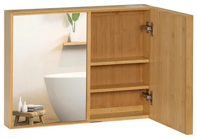 Image de Armoire de salle de bain avec porte miroir - Armoire murale - En bambou - Plusieurs compartiments de rangement - 65,2 x 14 x 50 cm - Bois naturel