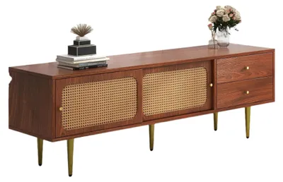 Image de Meuble TV moderne - Meuble de télévision - Meuble de rangement - Rangement multimédia - Couleur noyer - Portes coulissantes - Gestion des câbles