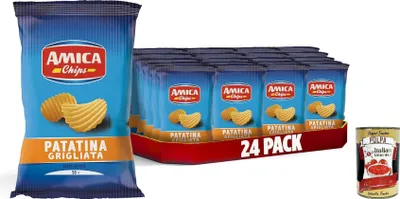 Produktbild von AMICA Chips | La Patatina Grigliata, Snack Senza Glutine, Gegrillter Chip, glutenfreie Snacks, mit Sonnenblumenöl, 24 x 50 g + Italian Gourmet polpa 400g