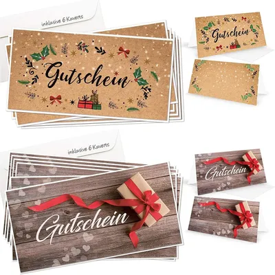 Produktbild von Logbuch-Verlag 2 x 6 Gutscheine Geschenkgutscheine Klappkarte Weihnachten Geburtstag MIT KUVERT DIN lang frei beschreibbar für Kunden Mitarbeiter