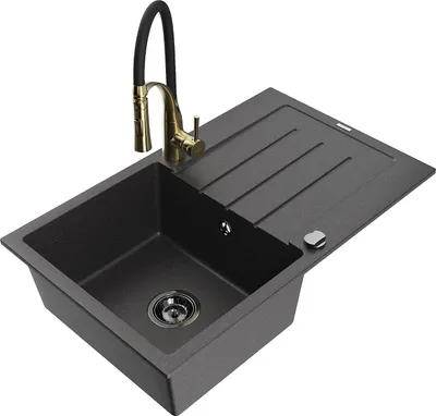 Image de Mexen Bruno Évier en granit 1 bac avec égouttoir et mitigeur Aster, noir moucheté - 6513-76-73450-57-B