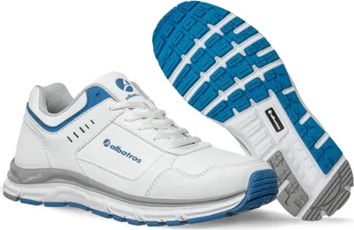 A pair of white and blue athletic shoes, with one shoe shown from the side and the other from the sole.