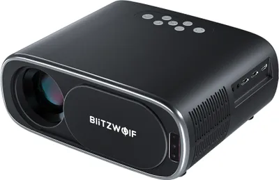 A black projector with silver accents, shown at an angle on a light gray background.