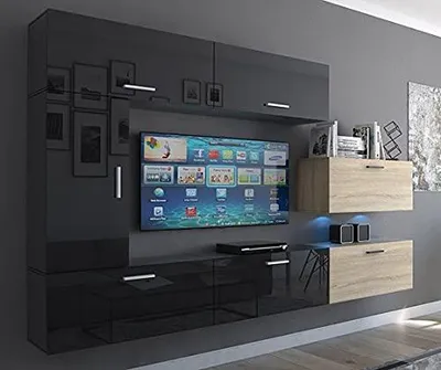 Image de Furnitech Meuble-paroi salon | Meubles de salon avec LED bleu | Meuble-paroi suspendu moderne | Meuble-paroi salon avec étagères et meuble TV (Future C10_HGM_BS_10 1B)