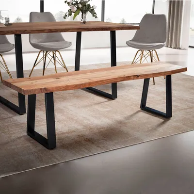 Image de Banc de salle à manger FineBuy 160 cm en bois massif d'acacia / métal avec bordure naturelle Banc de table à manger Banc en bois massif sans dossier Banc de cuisine Banc de salle à manger Banc de salle à manger