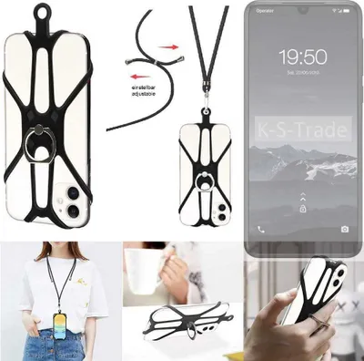 Produktbild von K-S-Trade 3in1 Handykette Handyband Handykordel Halsband Smartphone-Ring Handy-Ring kompatibel mit Qilive Q3 Fingerhalterung Handyring Tischständer