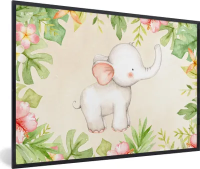 Produktbild von MuchoWow® MuchoWow® Gerahmtes Poster Elefant - Blumen - Pflanzen - Dschungel 30x20 cm - Poster mit zchwarzem Bilderrahmen - Kunstdruck - Bild-Poster