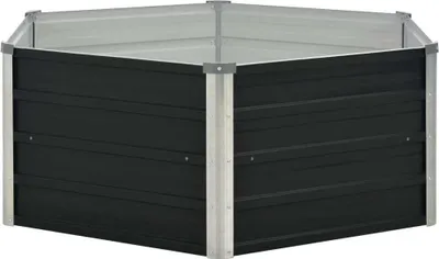 A hexagonal raised garden bed made of black metal with silver metal corner posts, shown from a slightly elevated angle against a white background.