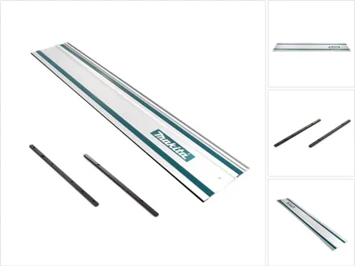 A Makita track saw guide rail set is displayed on a white background, with additional views of the components shown in smaller inset images.