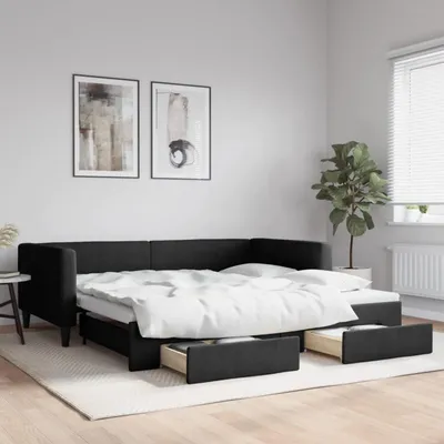 Obrázek produktu pro Rozkládací postel s úložným prostorem a zásuvkami, rozměry 100x200 cm, černá barva, potahová látka